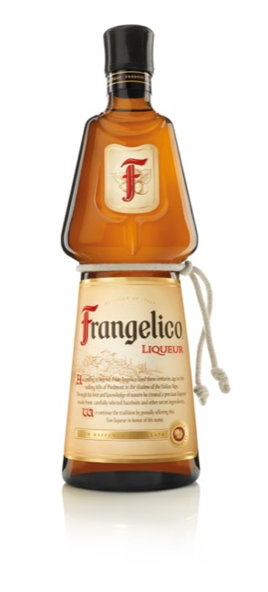 Amber Frangelico liqueur bottle shaped like a friar in a habit, with sculpted arms, a narrow waist, cream cord and black closure on a white background.