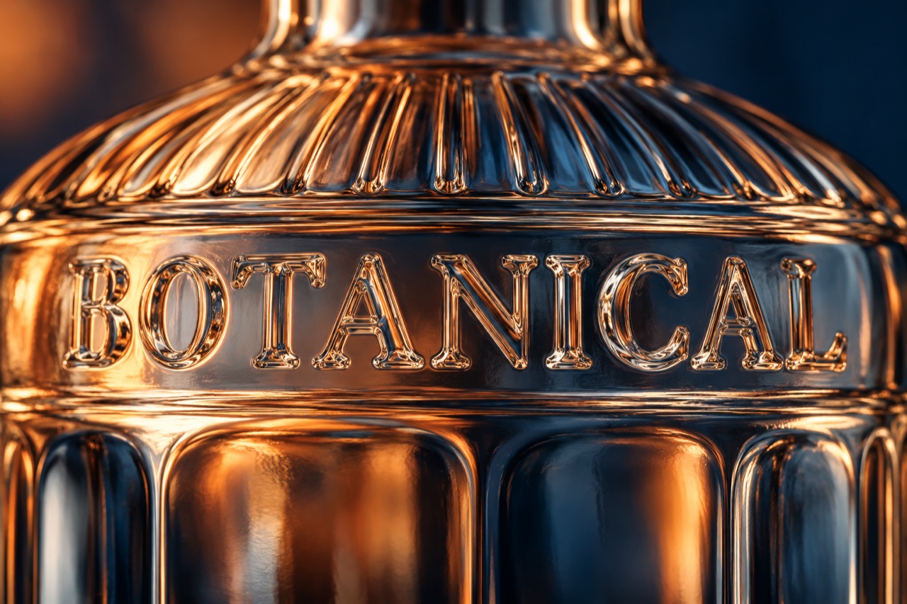 Illustrative close-up of raised lettering and a textured glass shoulder.